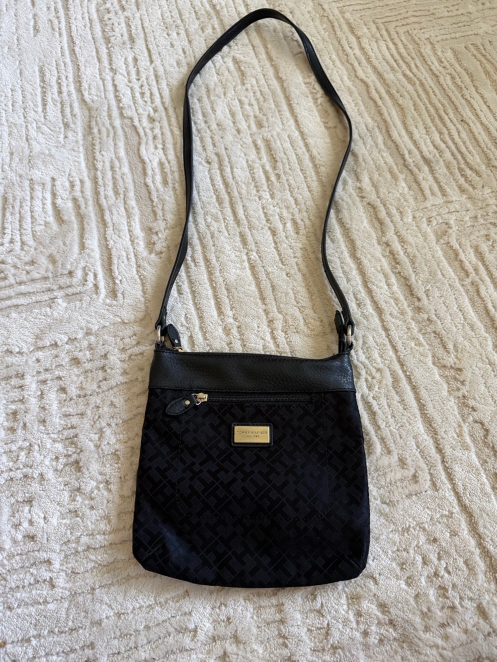 Tommy Hilfiger Black Monogram Crossbody Bag Nylon Leather Trim Zip Top